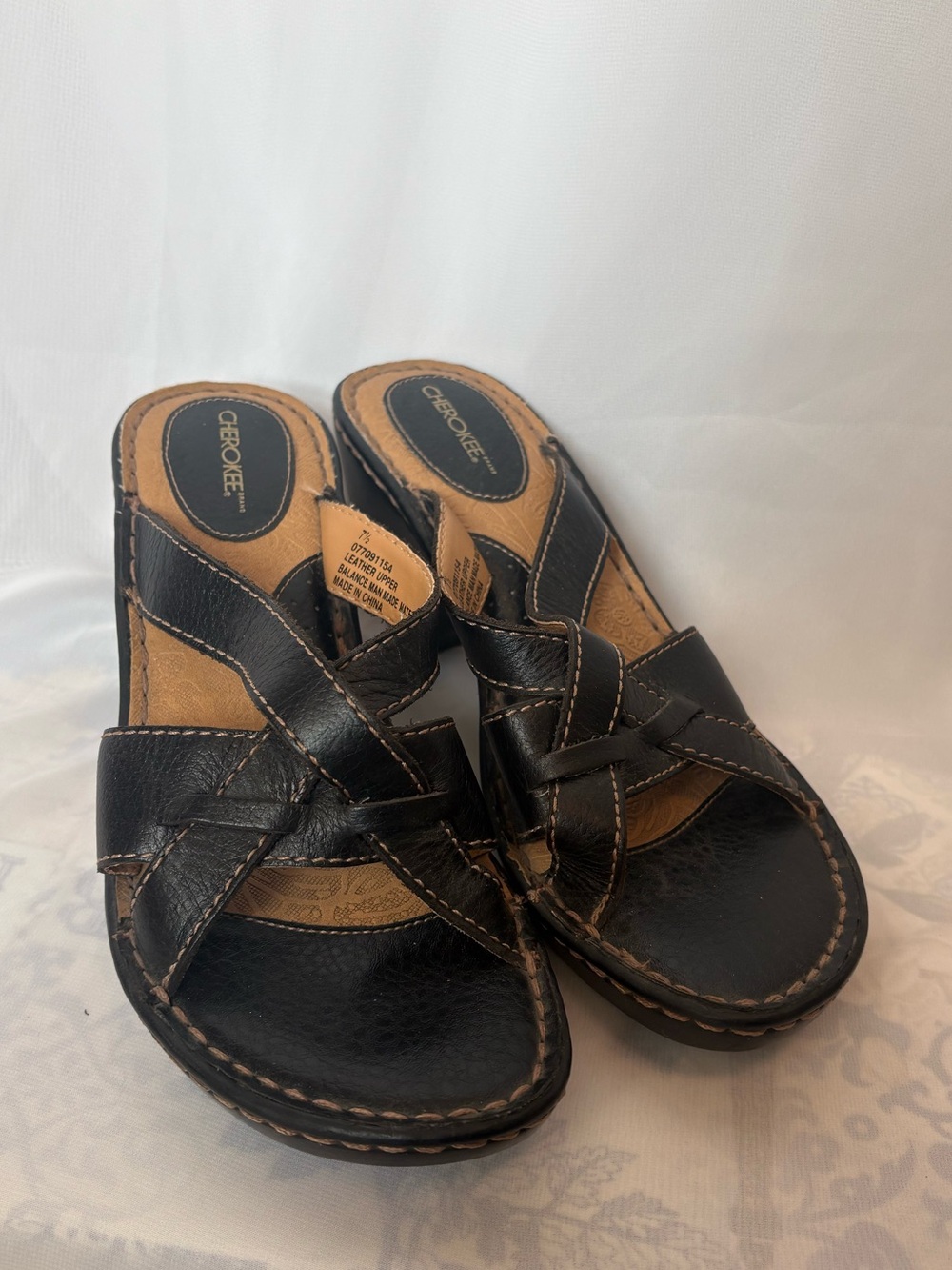 Cherokee Black Leather Crisscross Slip-On Sandals